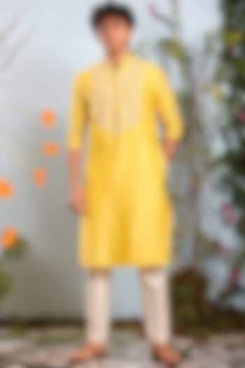 Yellow Chanderi Embroidered Kurta by Julie by Julie Shah Men