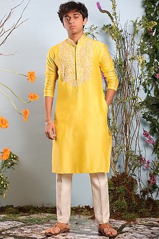 Yellow Chanderi Embroidered Kurta by Julie by Julie Shah Men