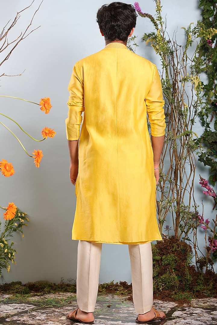 Yellow Chanderi Embroidered Kurta by Julie by Julie Shah Men at Pernia's Pop Up Shop