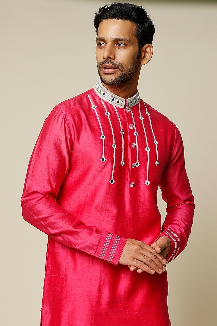 Fuchsia Mirror Embroidered Kurta Set by Julie by Julie Shah Men at Pernia's Pop Up Shop