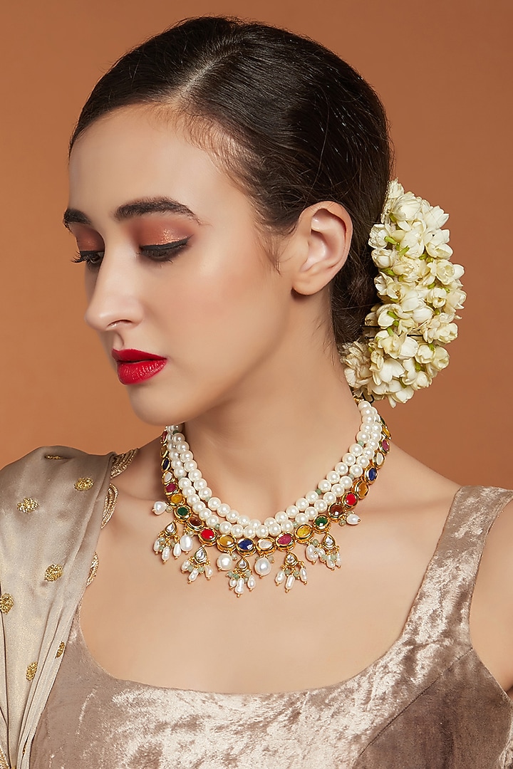 Gold Finish Navratna Stone Necklace by Joules By Radhika at Pernia's Pop Up Shop