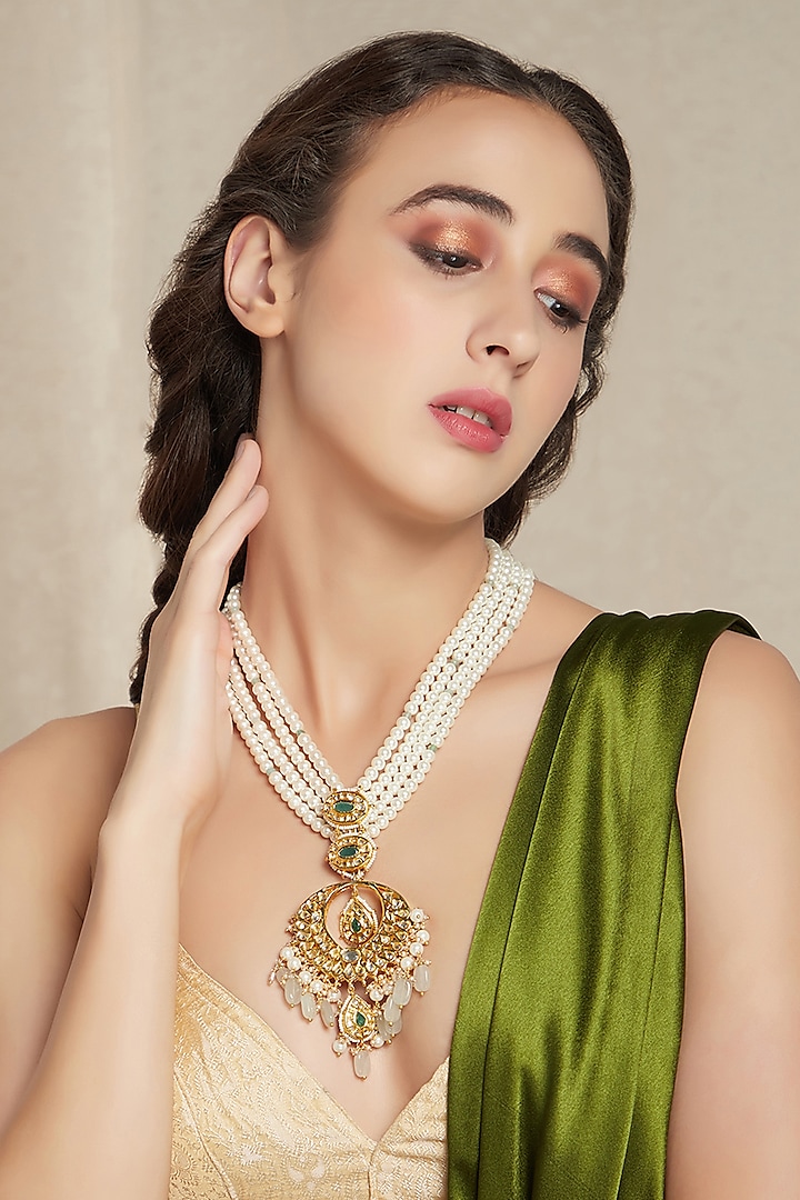 Gold Finish Jade & Shell Pearl Long Necklace by Joules By Radhika