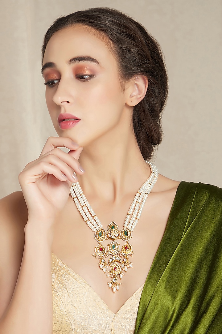 Gold Finish Hydro Kundan Polki & Pearl Necklace by Joules By Radhika