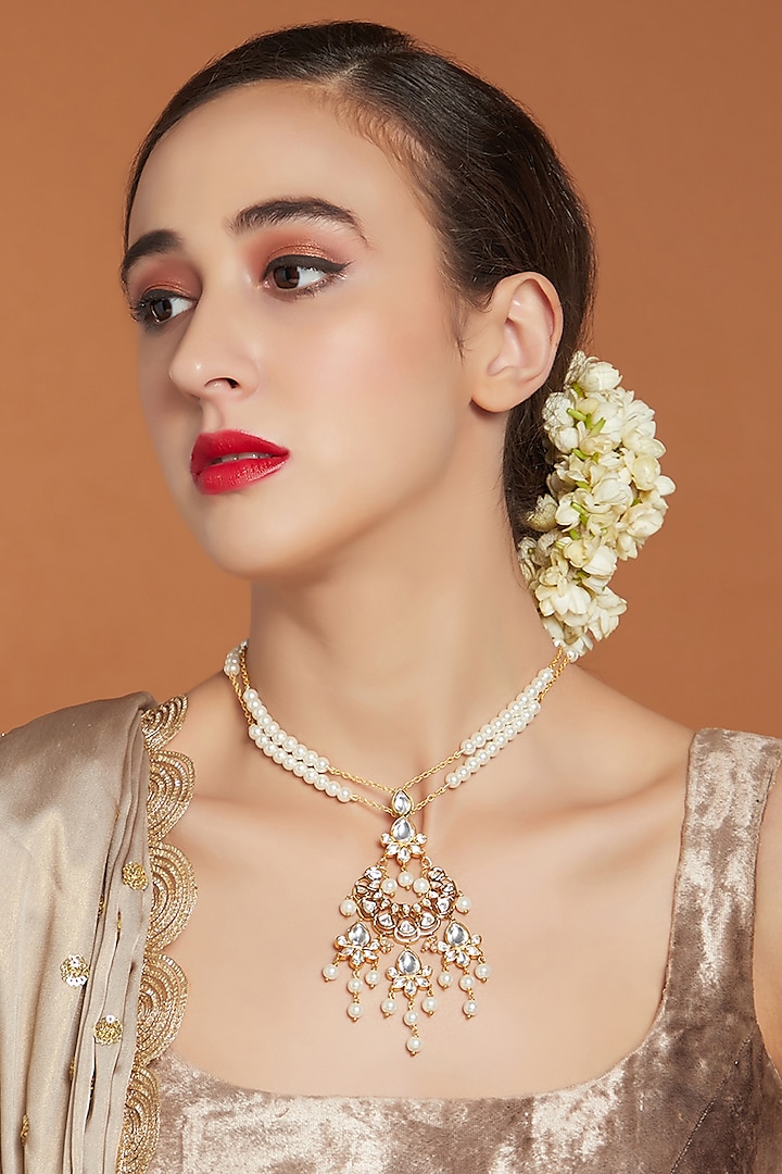 Gold Finish Hydro Kundan Polki Handcrafted Necklace by Joules By Radhika