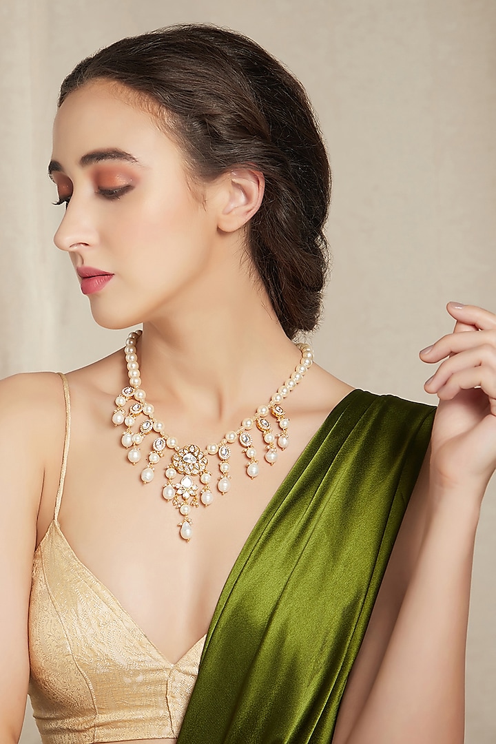 Gold Finish Necklace With Shell Pearls by Joules By Radhika