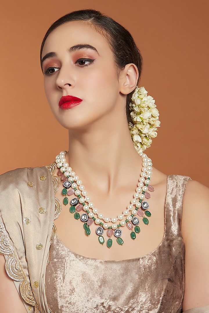 Gold Finish Jade & Pearl Necklace by Joules By Radhika