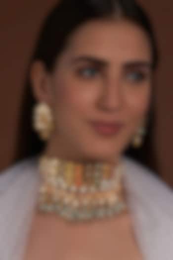 Gold Finish Navratan Polki Necklace Set by Joules By Radhika at Pernia's Pop Up Shop