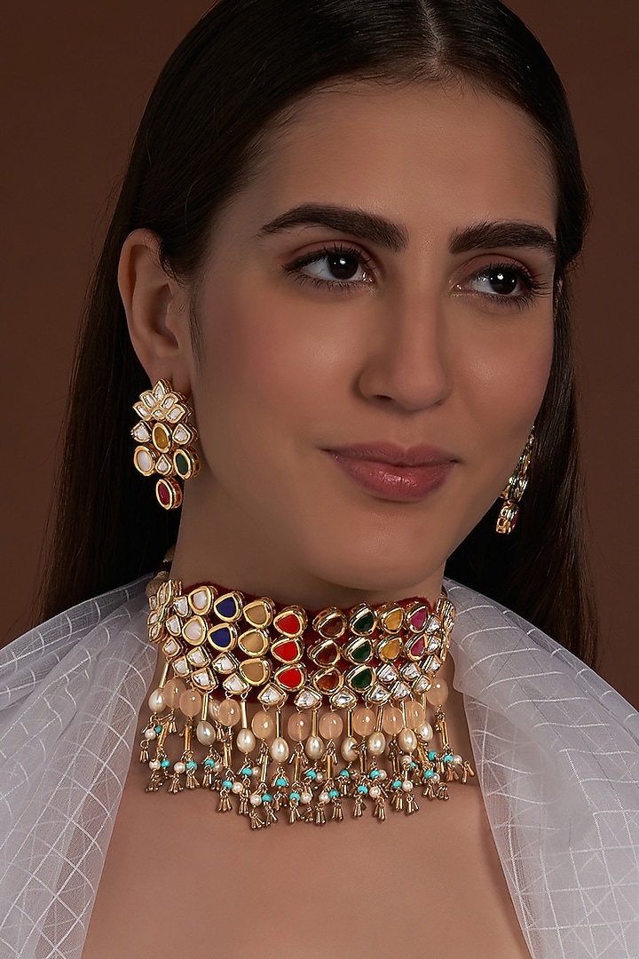 Gold Finish Navratan Polki Necklace Set by Joules By Radhika at Pernia's Pop Up Shop