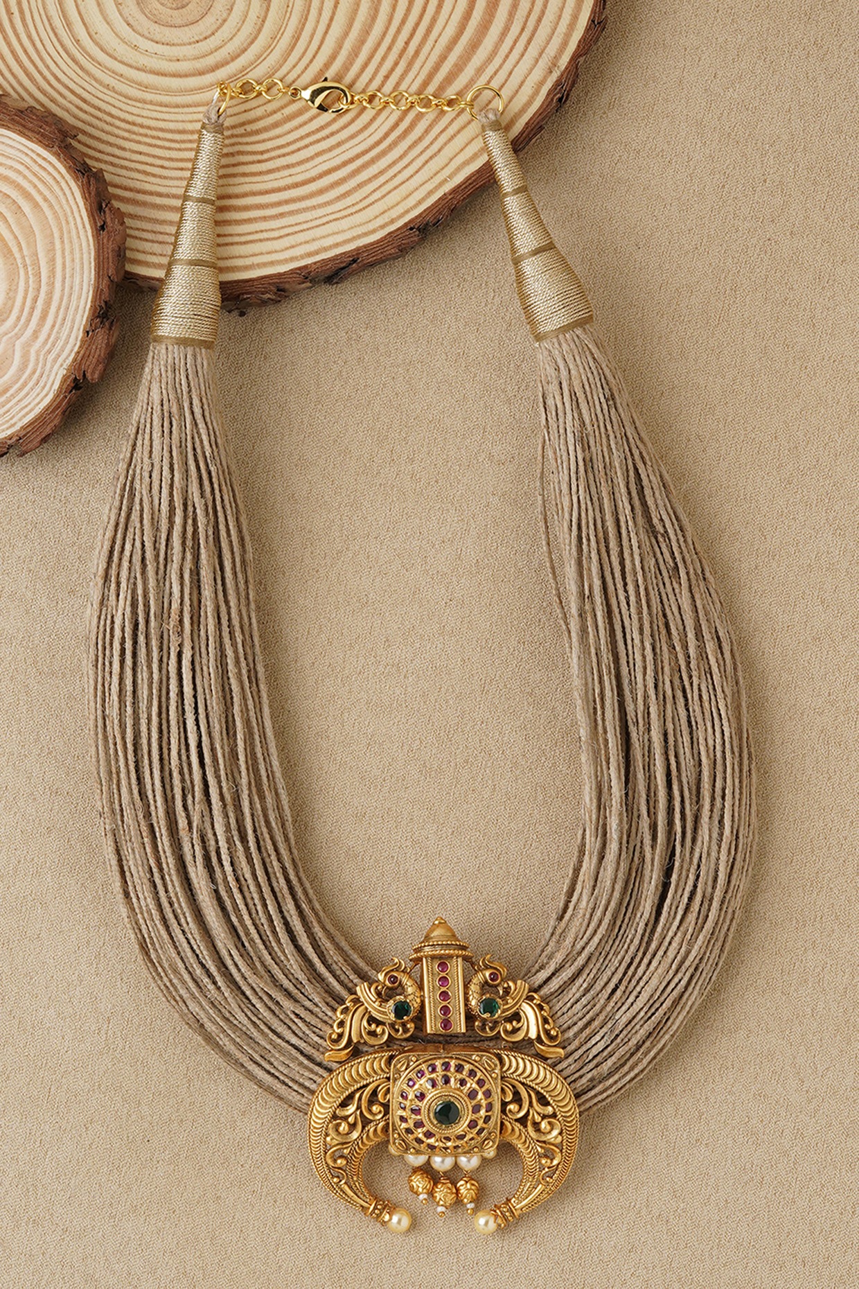 Gold Finish Necklace In Jute Thread 