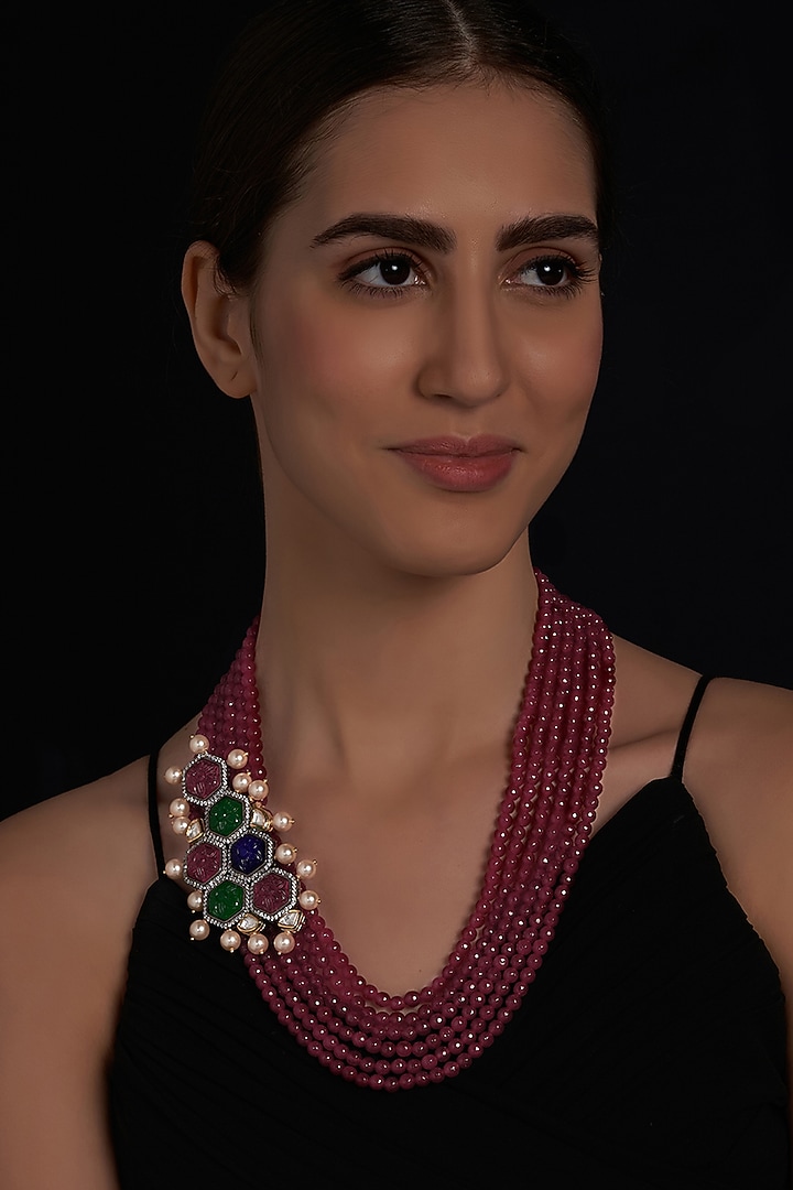 Gold Finish Carved Stones & Red Agate Necklace by Joules By Radhika at Pernia's Pop Up Shop