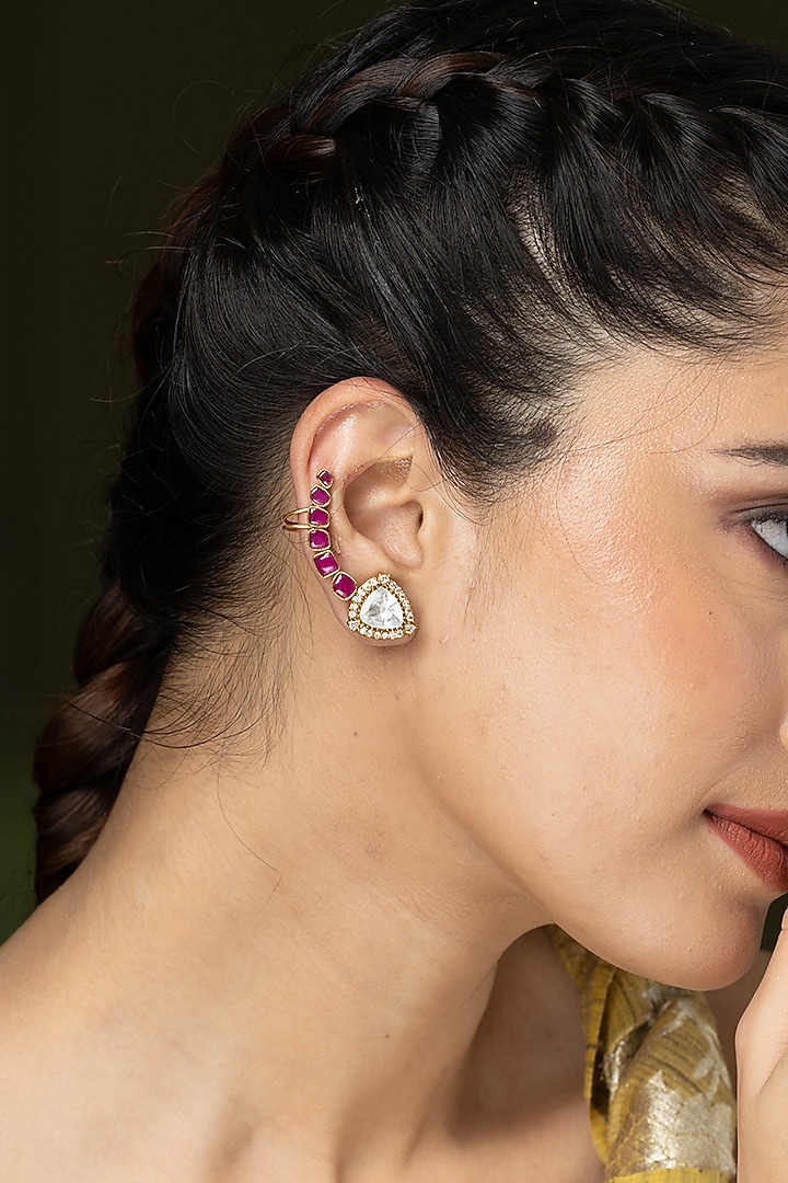 Gold Finish Ruby Stone Cuff Earrings by Joules By Radhika at Pernia's Pop Up Shop