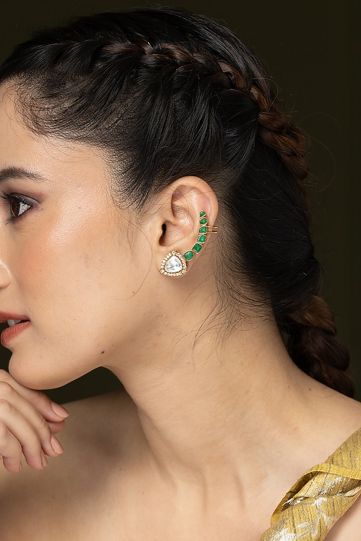Gold Finish Green Enameled Cuff Earrings by Joules By Radhika at Pernia's Pop Up Shop