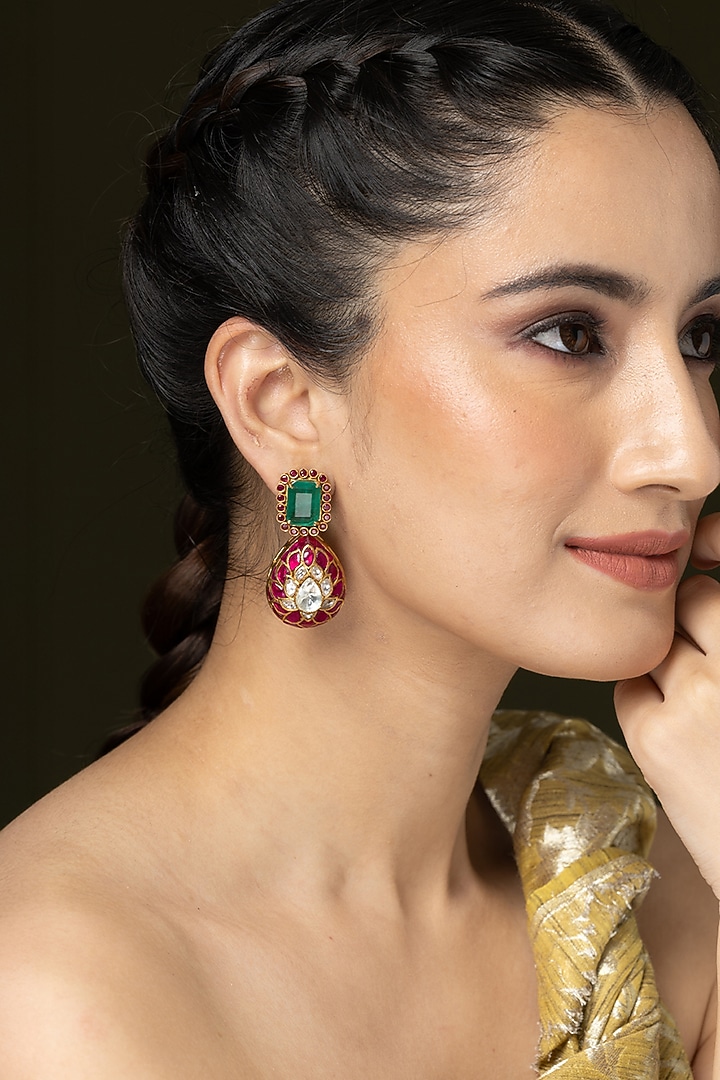 Gold Finish Green & Pink Stone Dangler Earrings by Joules By Radhika at Pernia's Pop Up Shop