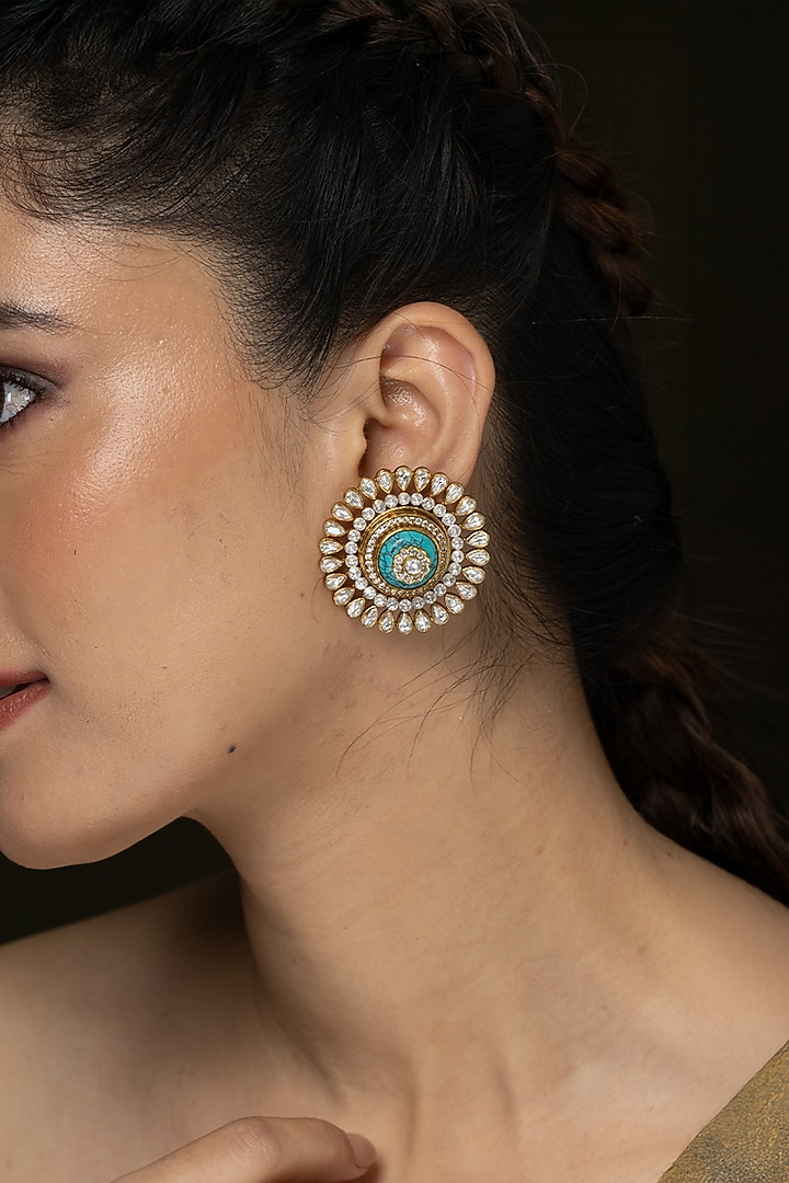 Gold Finish Aqua Stone Stud Earrings by Joules By Radhika at Pernia's Pop Up Shop