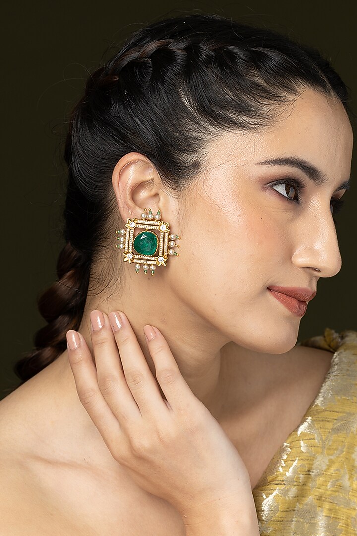 Gold Finish Green Stone Stud Earrings by Joules By Radhika at Pernia's Pop Up Shop
