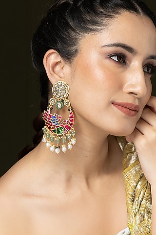 Gold Finish Green Beaded Enameled Dangler Earrings by Joules By Radhika