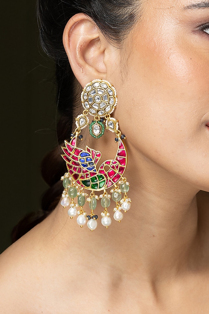 Gold Finish Green Beaded Enameled Dangler Earrings by Joules By Radhika at Pernia's Pop Up Shop