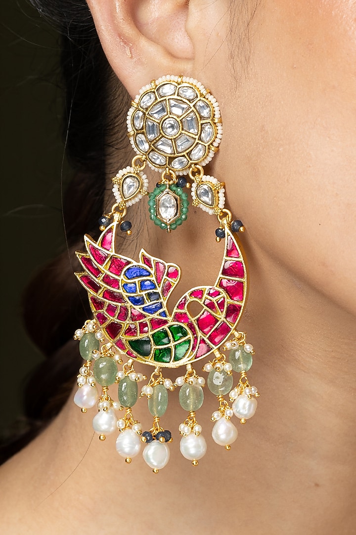 Gold Finish Green Beaded Enameled Dangler Earrings by Joules By Radhika at Pernia's Pop Up Shop