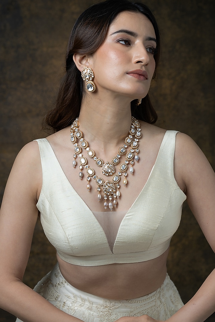 Gold Finish Pearl Strand Layered Necklace by Joules By Radhika at Pernia's Pop Up Shop