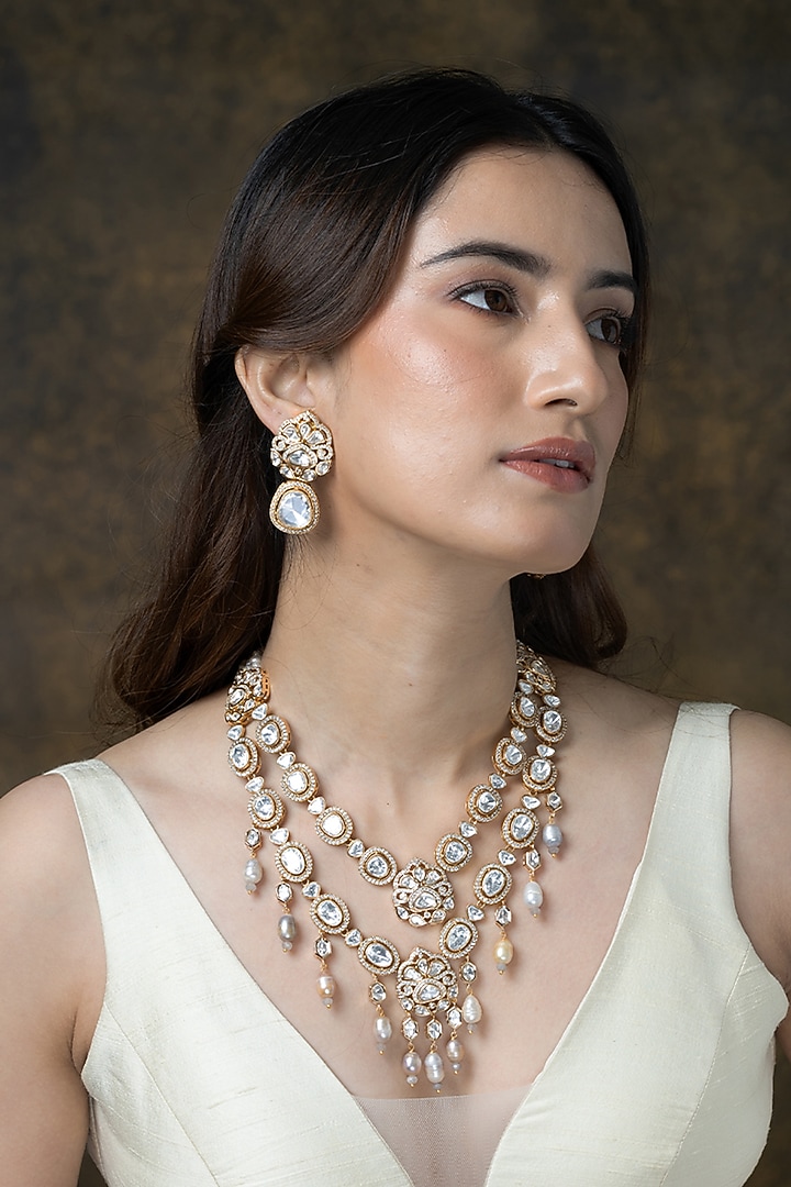 Gold Finish Pearl Strand Layered Necklace by Joules By Radhika at Pernia's Pop Up Shop