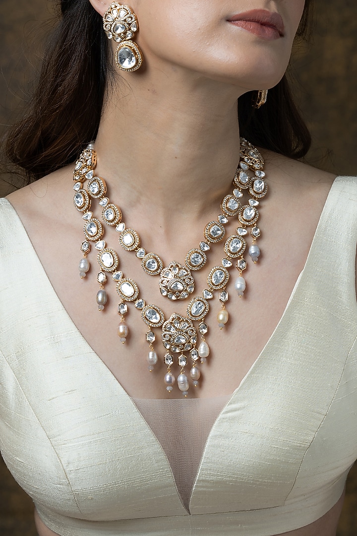 Gold Finish Pearl Strand Layered Necklace by Joules By Radhika at Pernia's Pop Up Shop