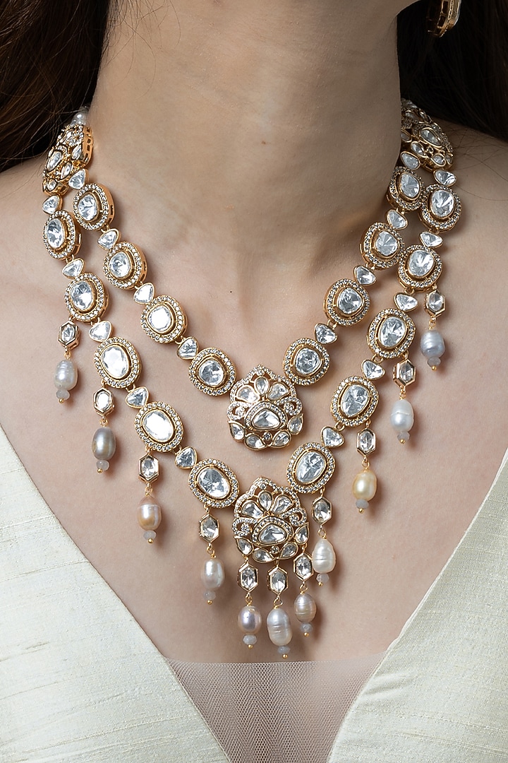 Gold Finish Pearl Strand Layered Necklace by Joules By Radhika at Pernia's Pop Up Shop