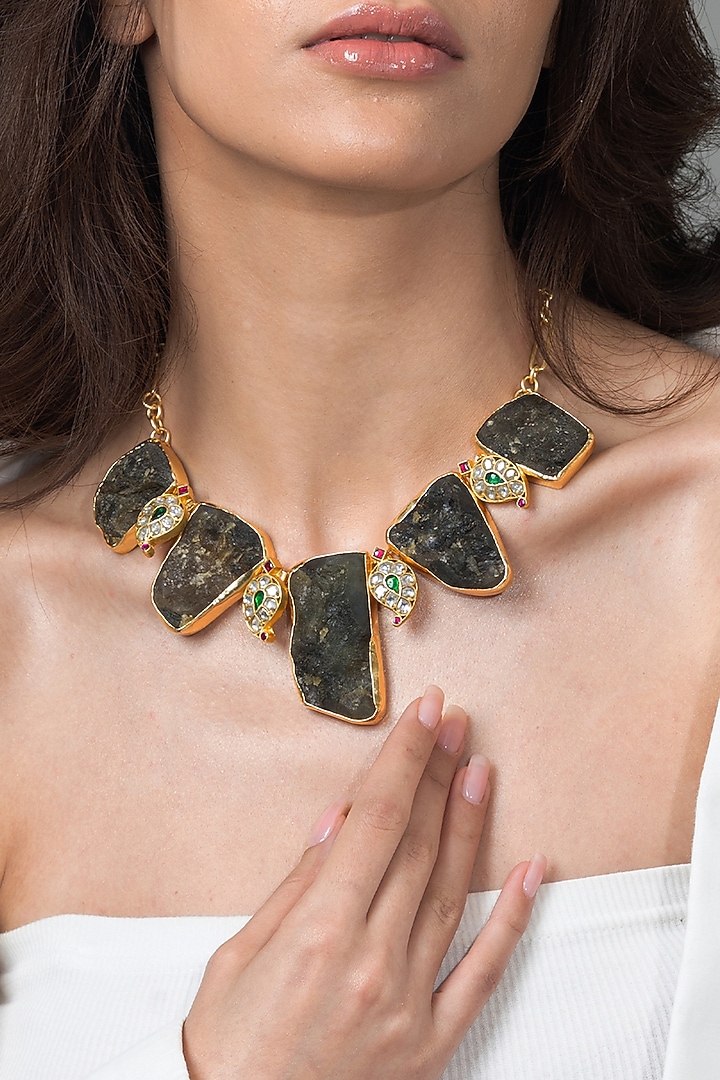 Gold Finish Brown Stone Necklace by Joules By Radhika at Pernia's Pop Up Shop