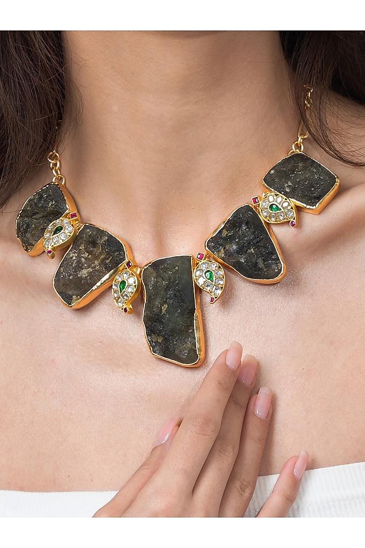 Gold Finish Brown Stone Necklace by Joules By Radhika at Pernia's Pop Up Shop