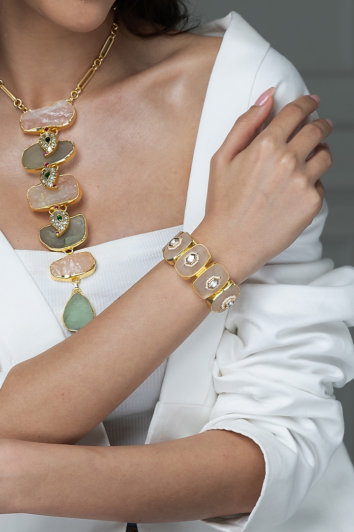 Gold Finish Pink Stone Bracelet by Joules By Radhika at Pernia's Pop Up Shop