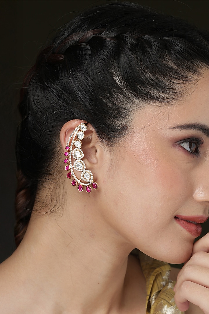 Gold Finish Deep Red Stone Cuff Earrings by Joules By Radhika at Pernia's Pop Up Shop