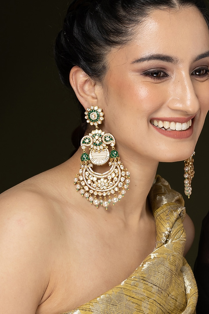 Gold Finish Green Stone & Pearl Drop Chandbali Earrings by Joules By Radhika at Pernia's Pop Up Shop