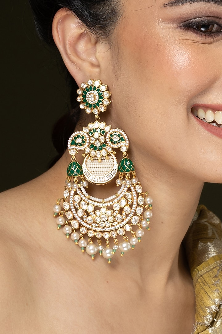 Gold Finish Green Stone & Pearl Drop Chandbali Earrings by Joules By Radhika at Pernia's Pop Up Shop