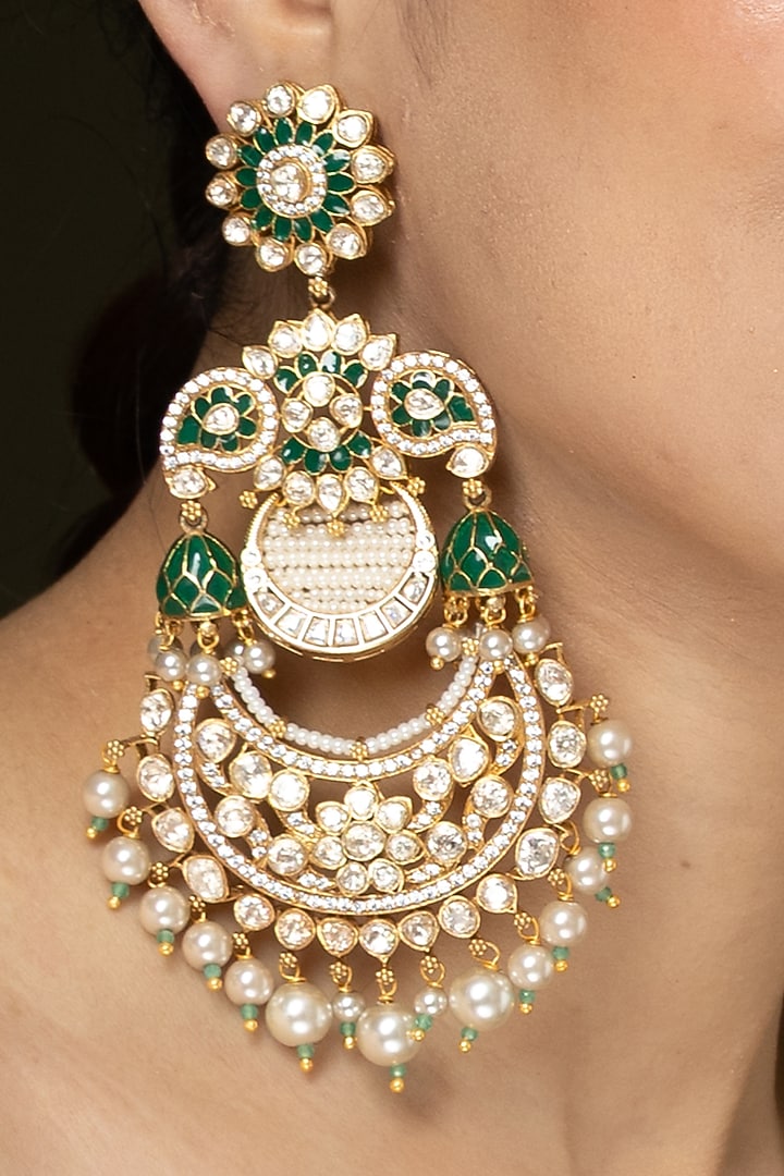 Gold Finish Green Stone & Pearl Drop Chandbali Earrings by Joules By Radhika at Pernia's Pop Up Shop