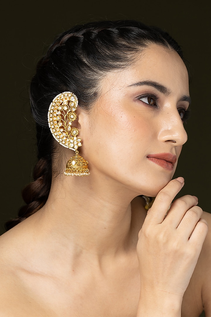 Gold Finish Pearl Floral Cuff Earrings by Joules By Radhika at Pernia's Pop Up Shop