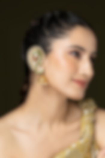 Gold Finish Pearl & Green Stone Jhumka Earrings by Joules By Radhika at Pernia's Pop Up Shop