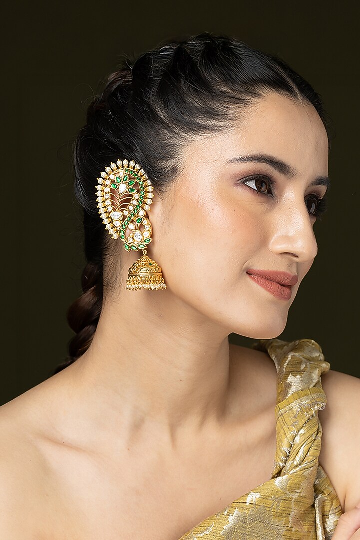 Gold Finish Pearl & Green Stone Jhumka Earrings by Joules By Radhika at Pernia's Pop Up Shop