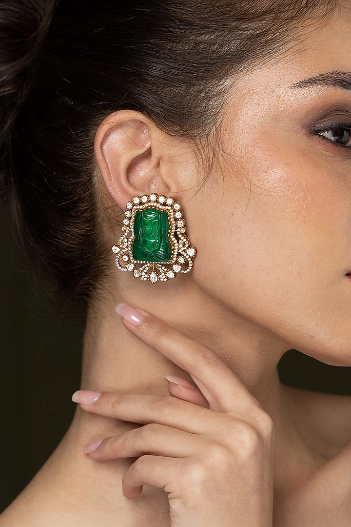 Gold Finish Emerald Gemstone Stud Earrings by Joules By Radhika at Pernia's Pop Up Shop