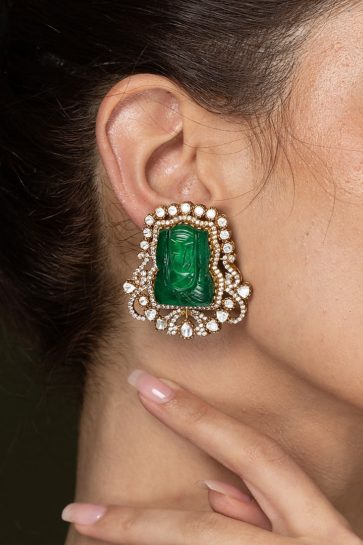 Gold Finish Emerald Gemstone Stud Earrings by Joules By Radhika at Pernia's Pop Up Shop