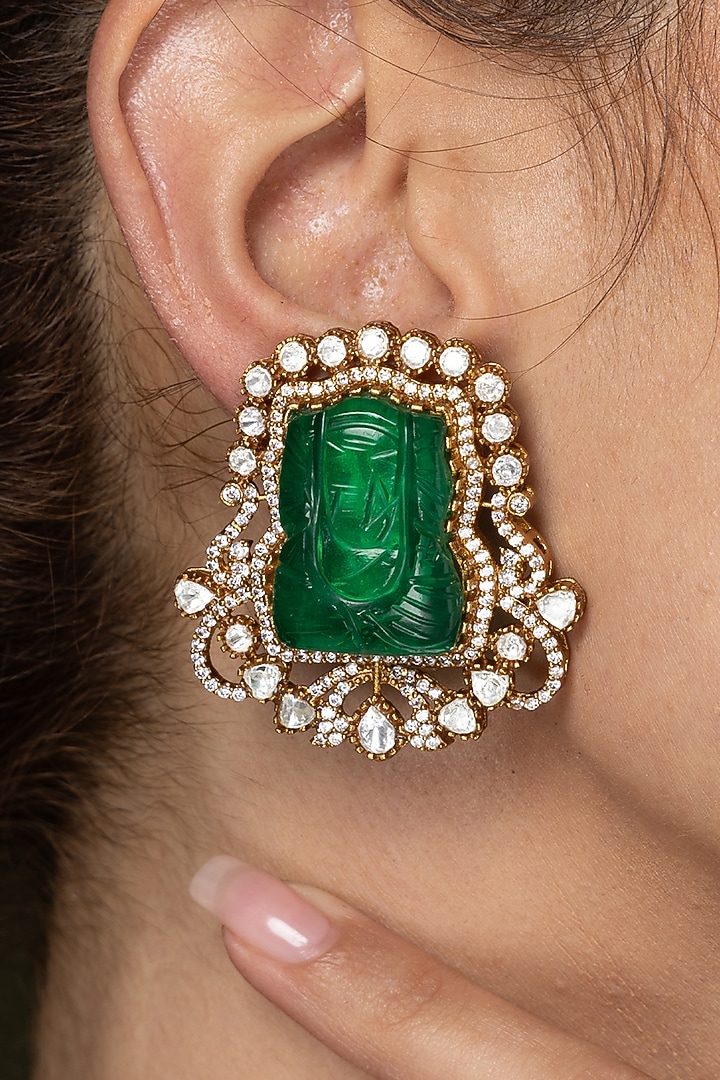 Gold Finish Emerald Gemstone Stud Earrings by Joules By Radhika at Pernia's Pop Up Shop