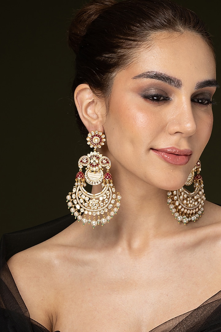 Gold Finish Ruby Stone & Pearl Drop Chandbali Earrings by Joules By Radhika at Pernia's Pop Up Shop