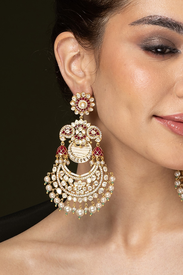 Gold Finish Ruby Stone & Pearl Drop Chandbali Earrings by Joules By Radhika at Pernia's Pop Up Shop