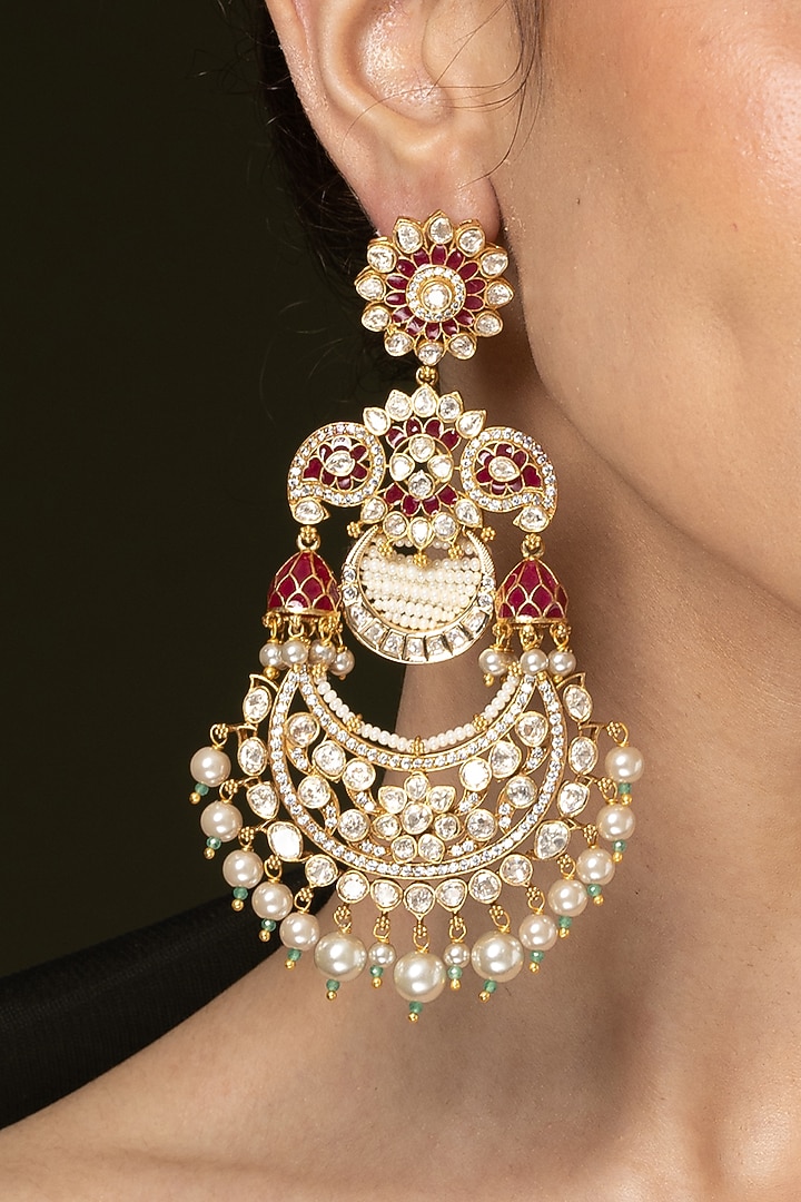 Gold Finish Ruby Stone & Pearl Drop Chandbali Earrings by Joules By Radhika at Pernia's Pop Up Shop