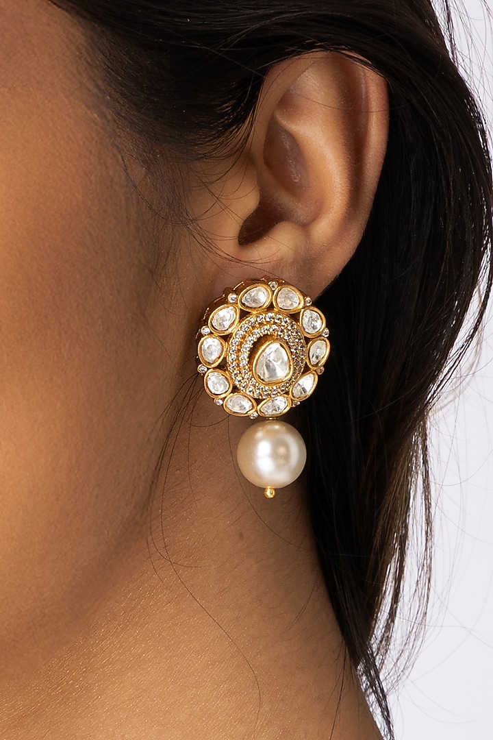 Gold Finish Faceted Stone & Pearl Drop Stud Earrings by Joules By Radhika at Pernia's Pop Up Shop