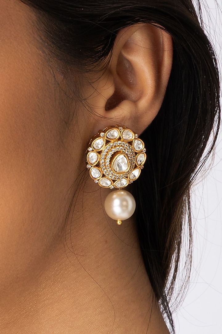 Gold Finish Faceted Stone & Pearl Drop Stud Earrings by Joules By Radhika at Pernia's Pop Up Shop