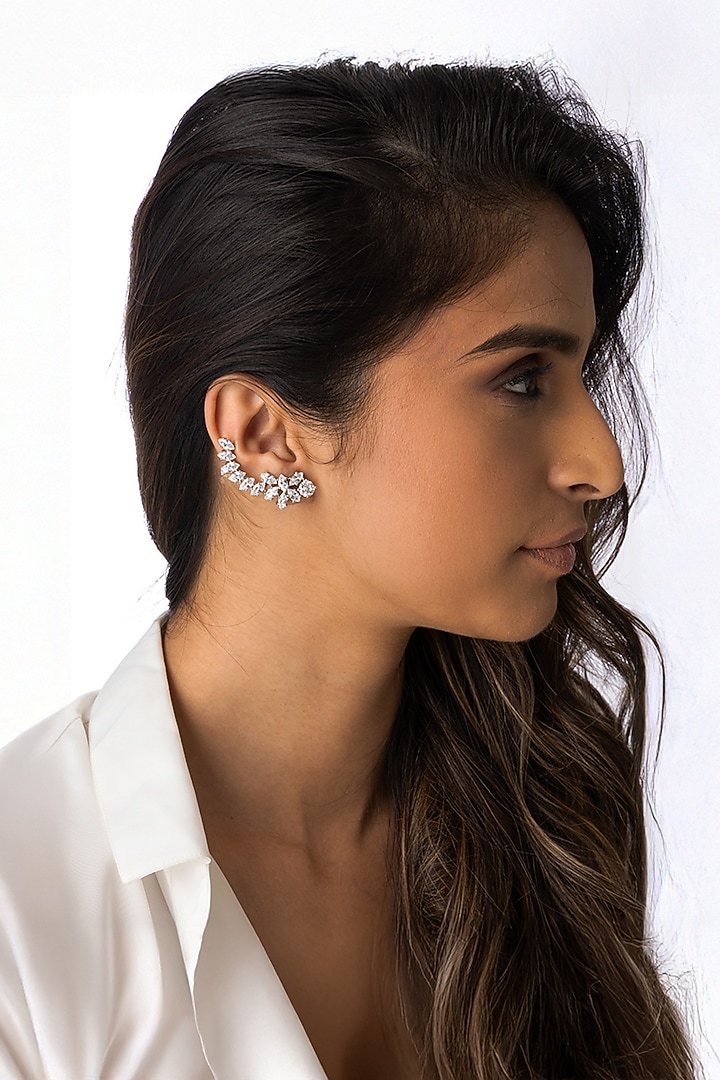 Silver Finish White Stone Floral Earcuffs by Joules By Radhika at Pernia's Pop Up Shop