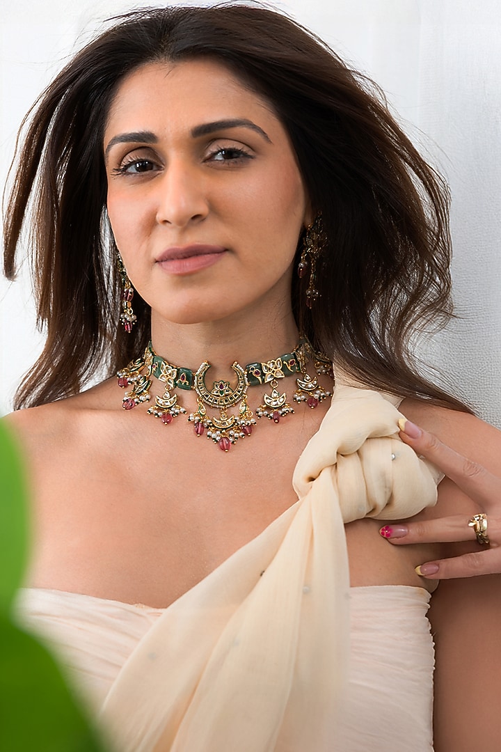 Gold Plated Ornate Stone & Beaded Choker Necklace Set by Joules By Radhika at Pernia's Pop Up Shop