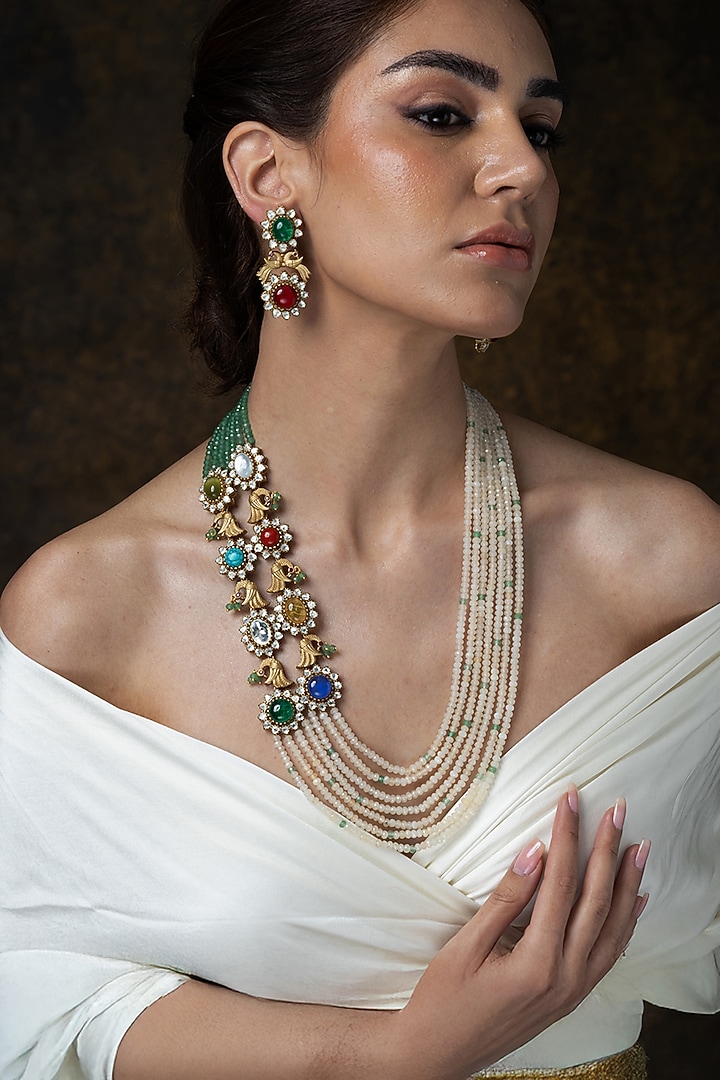 Gold Finish Multi-Colored Stone & Pearl Necklace Set by Joules By Radhika at Pernia's Pop Up Shop