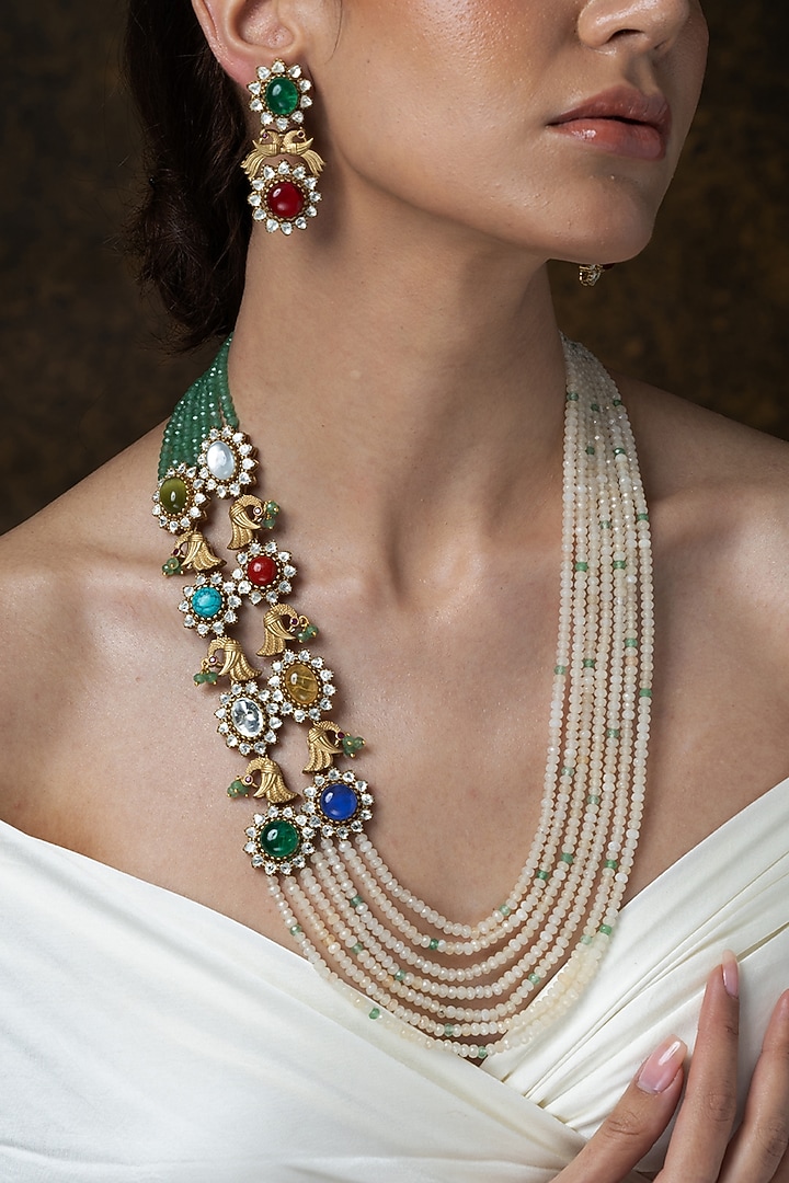 Gold Finish Multi-Colored Stone & Pearl Necklace Set by Joules By Radhika at Pernia's Pop Up Shop