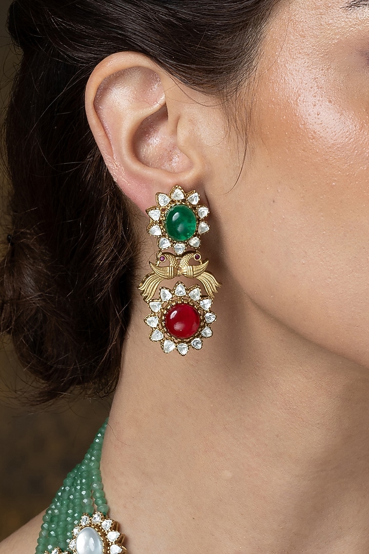 Gold Finish Multi-Colored Stone & Pearl Necklace Set by Joules By Radhika at Pernia's Pop Up Shop
