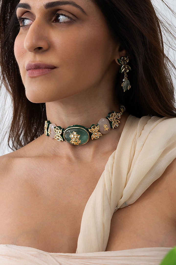 Gold Plated Brass Choker Necklace Set by Joules By Radhika at Pernia's Pop Up Shop